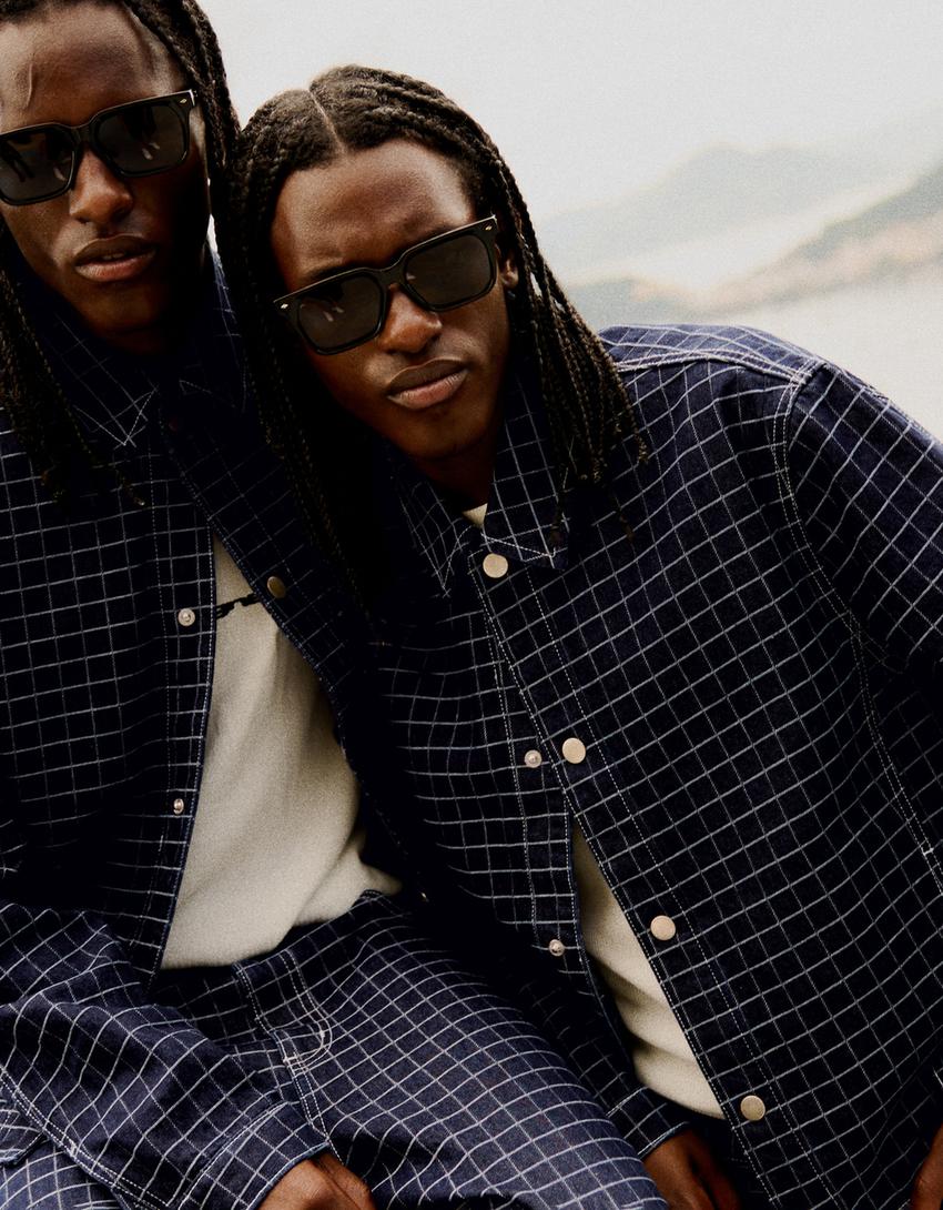 Plaid denim jacket-Blue