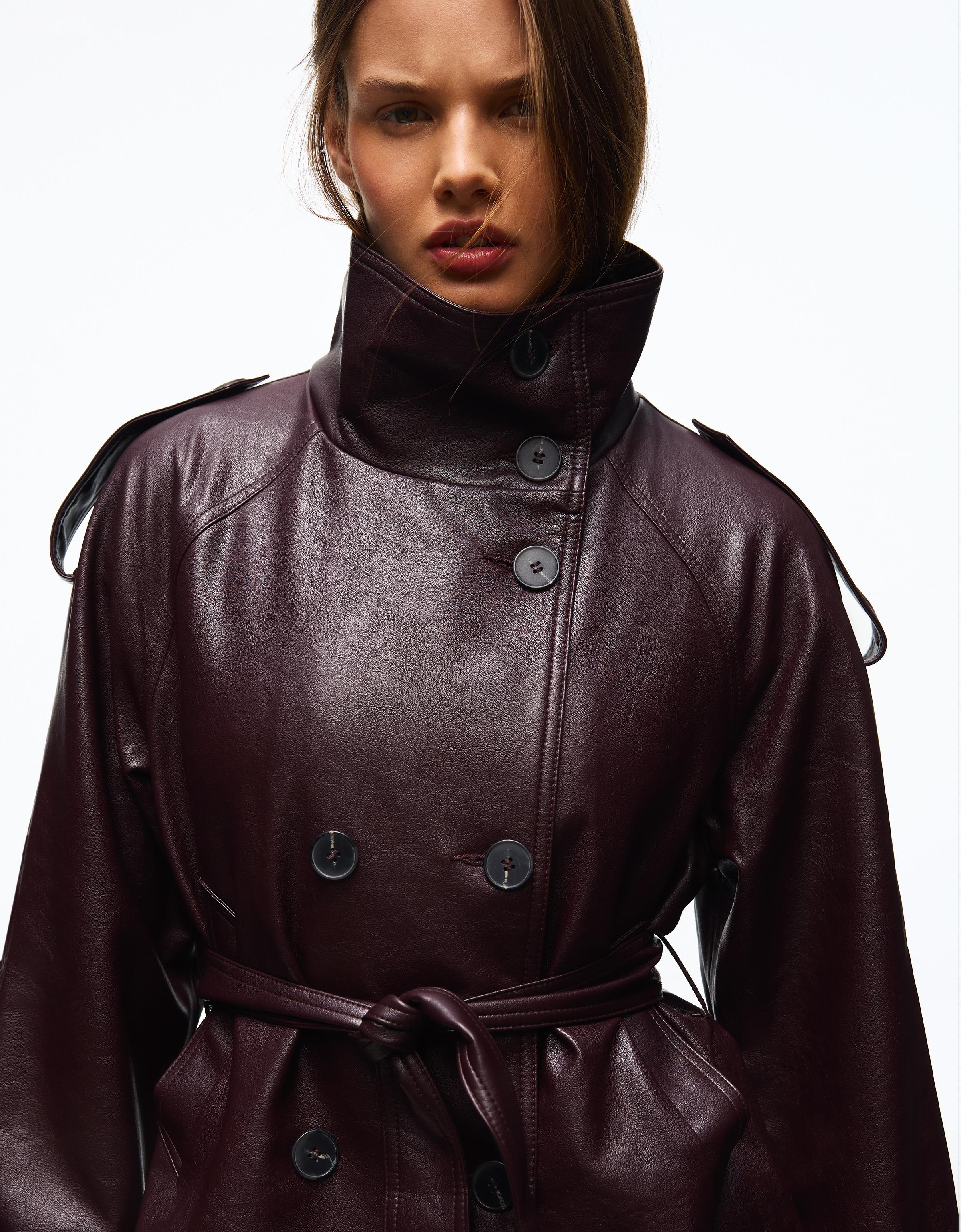 Short leather effect trench jacket — Burgundy