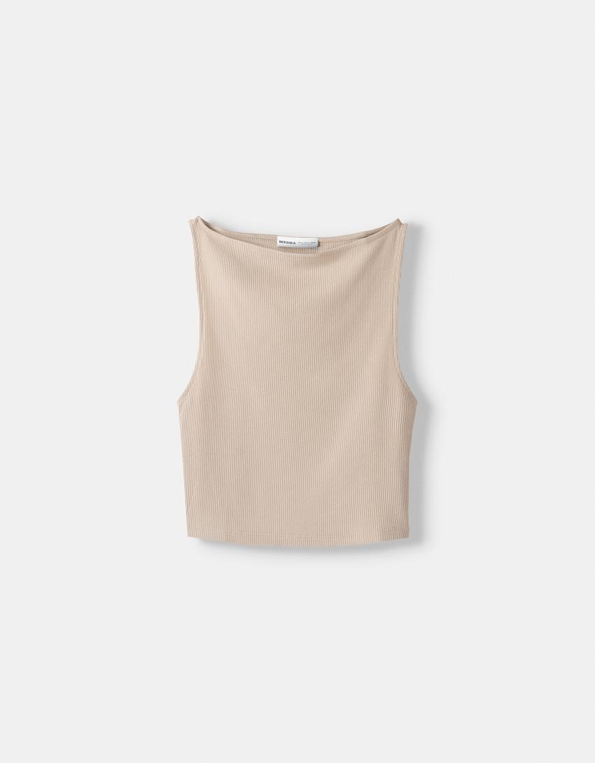 Sleeveless ribbed T-shirt-Camel-4