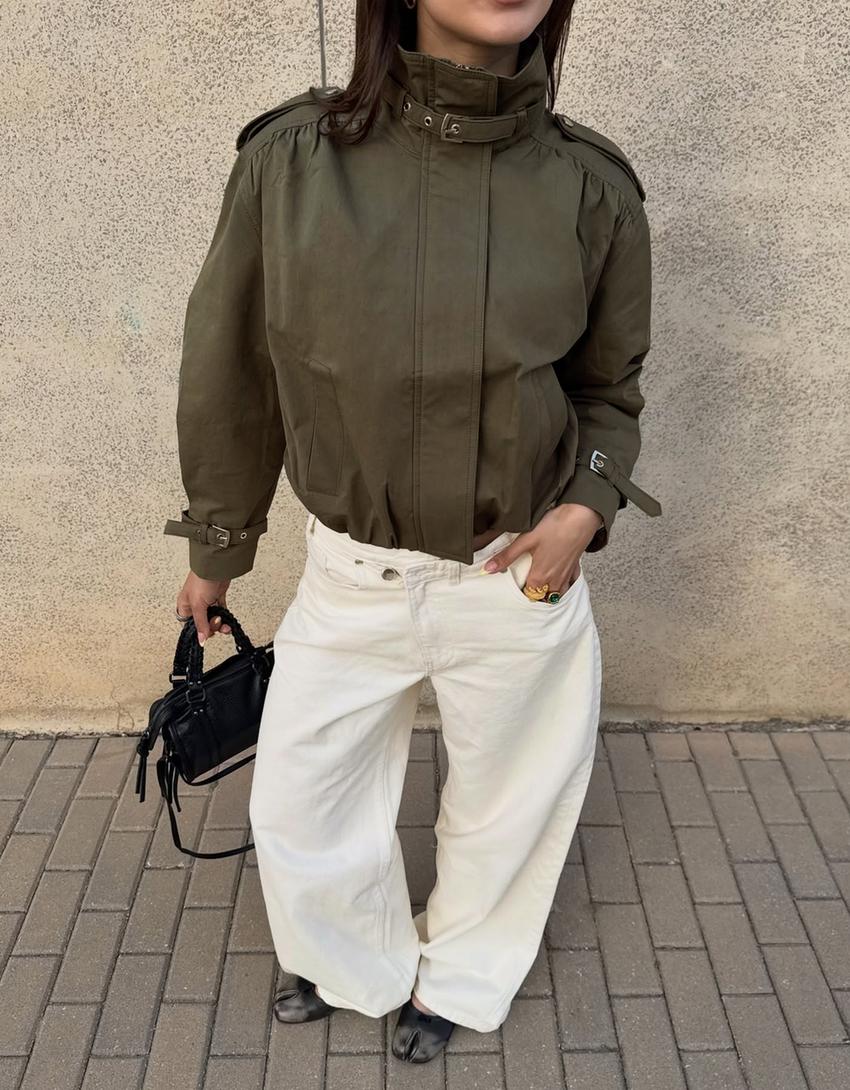 High-waist crossover wide-leg jeans-Cream