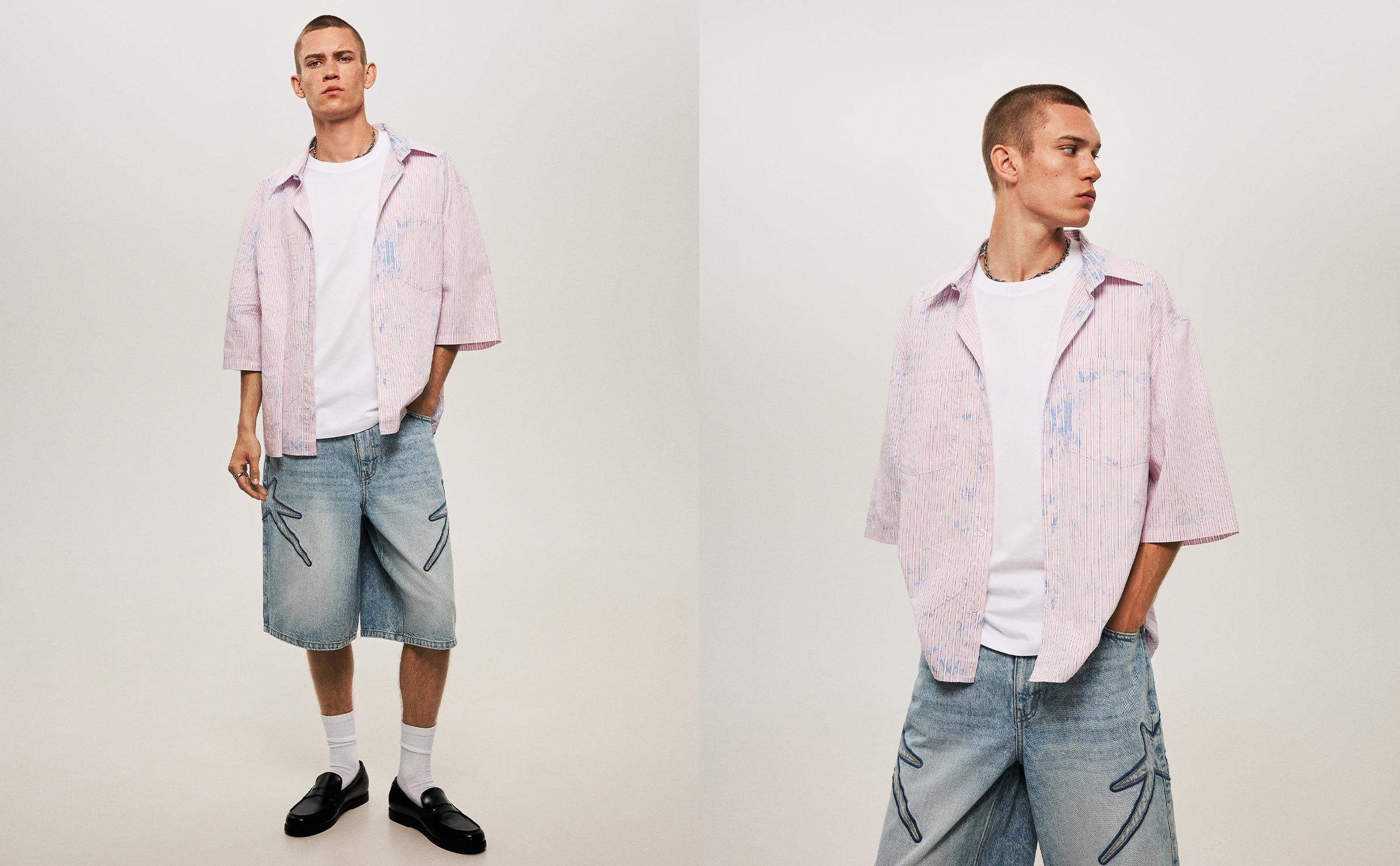 Striped oversize bleached shirt with short sleeves
