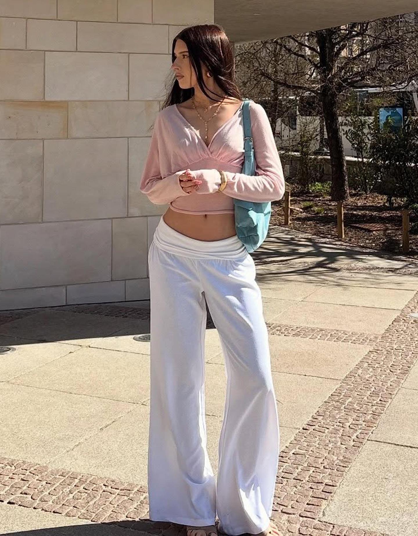 Bershka Pantaloni Con Vita Risvoltata Donna L Bianco