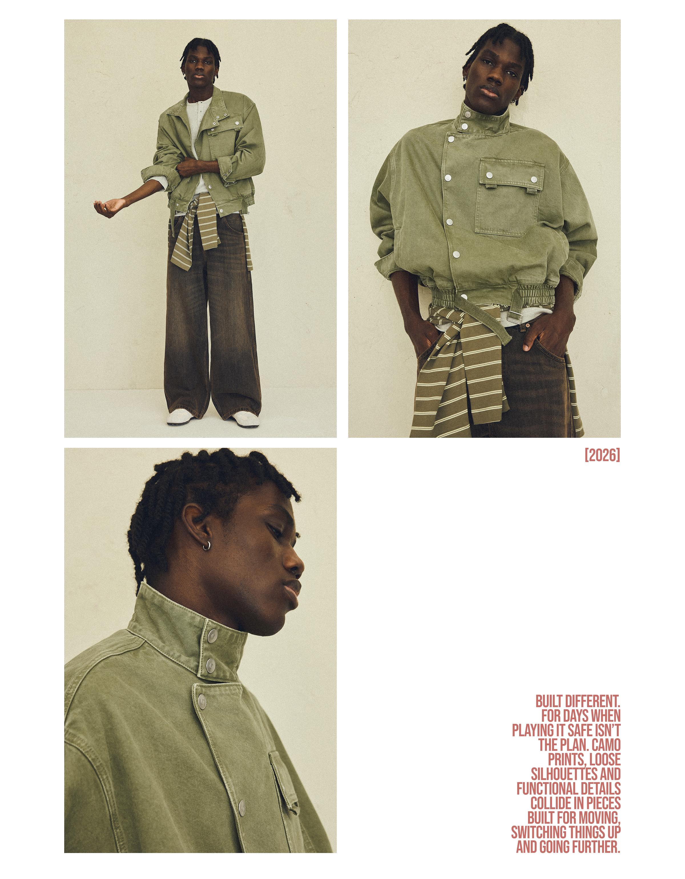 Double-breasted funnel neck jacket with pocket — Green