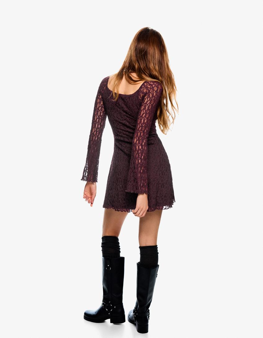 Bardot neckline blonde lace mini dress-Violet