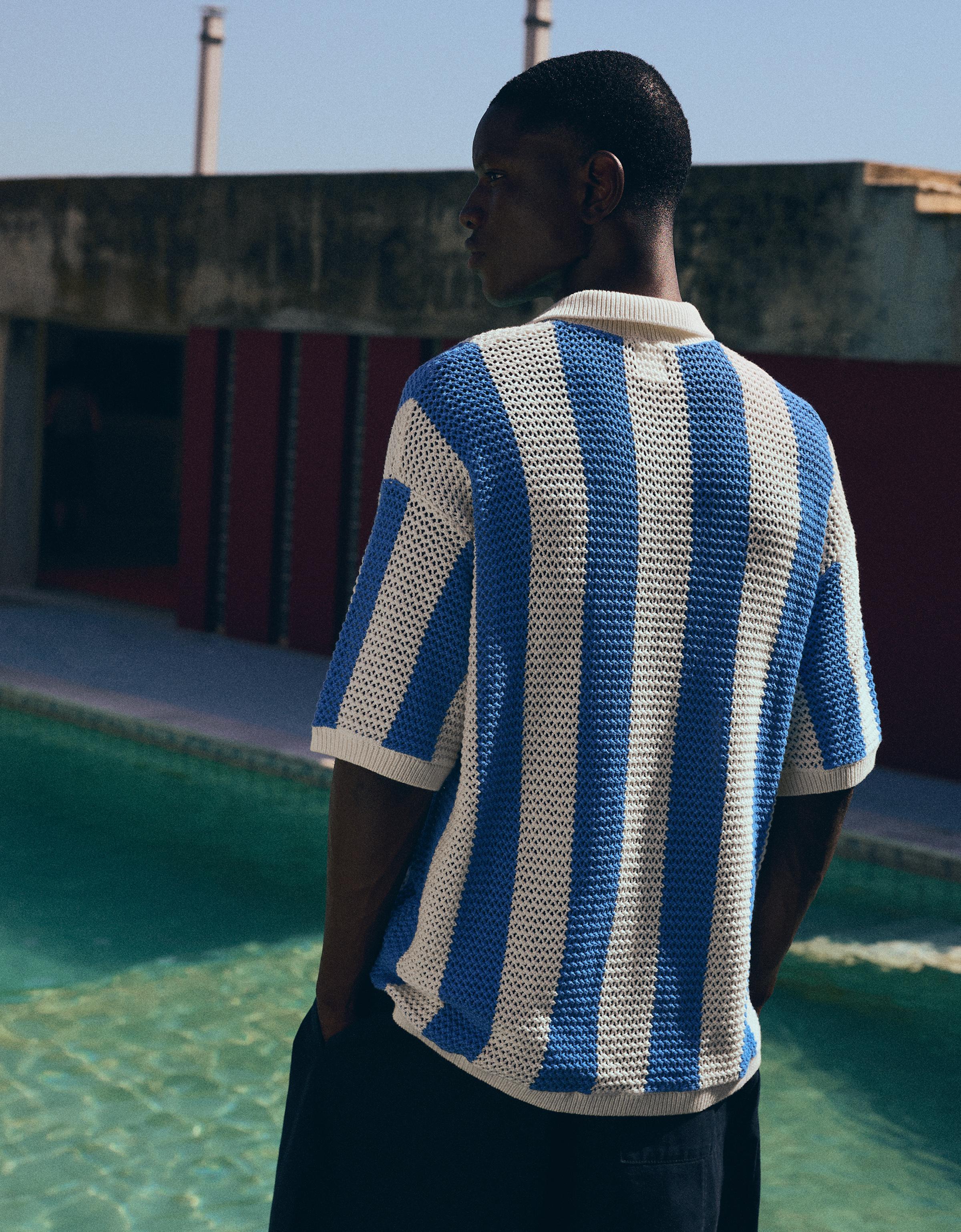 Short sleeve mesh stripe polo — Light blue