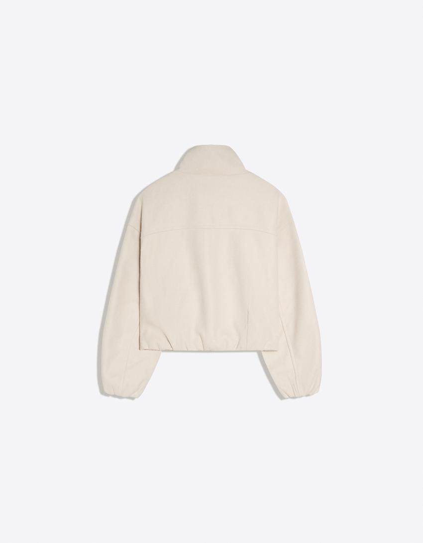 Felt-effect jacket with gathered hem-Cream