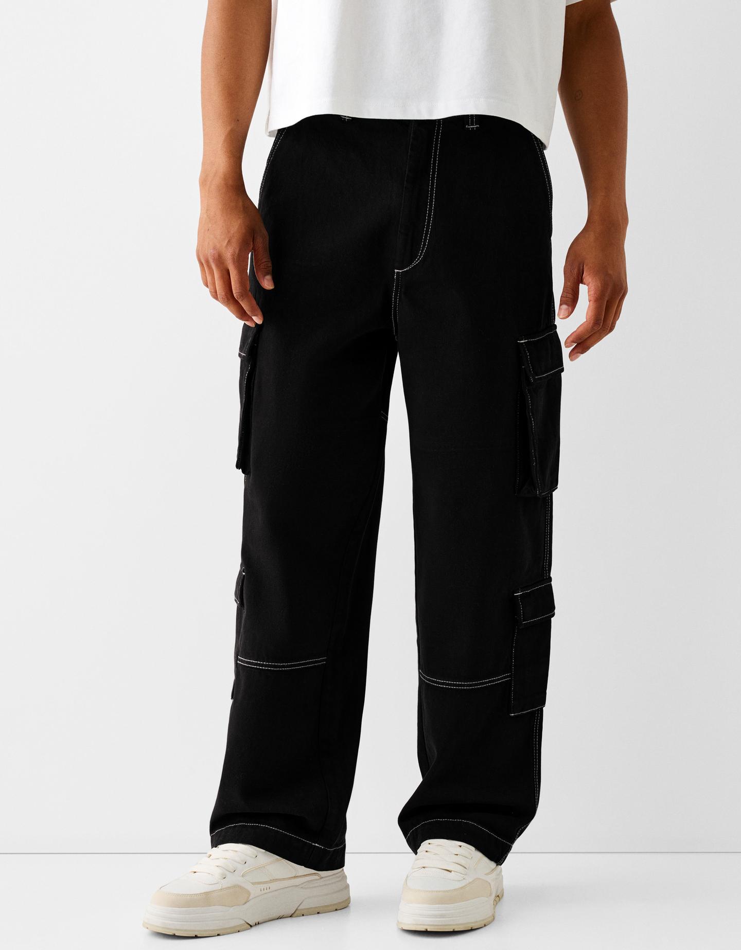 Bershka Pantaloni Cargo In Cotone Con Cuciture A Contrasto Uomo 38 (Eu 32) Nero