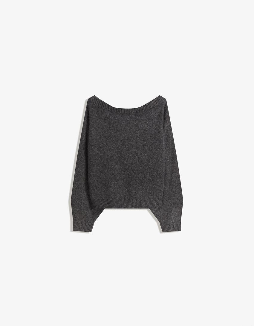 Pulover rib cu guler bardot-Gri