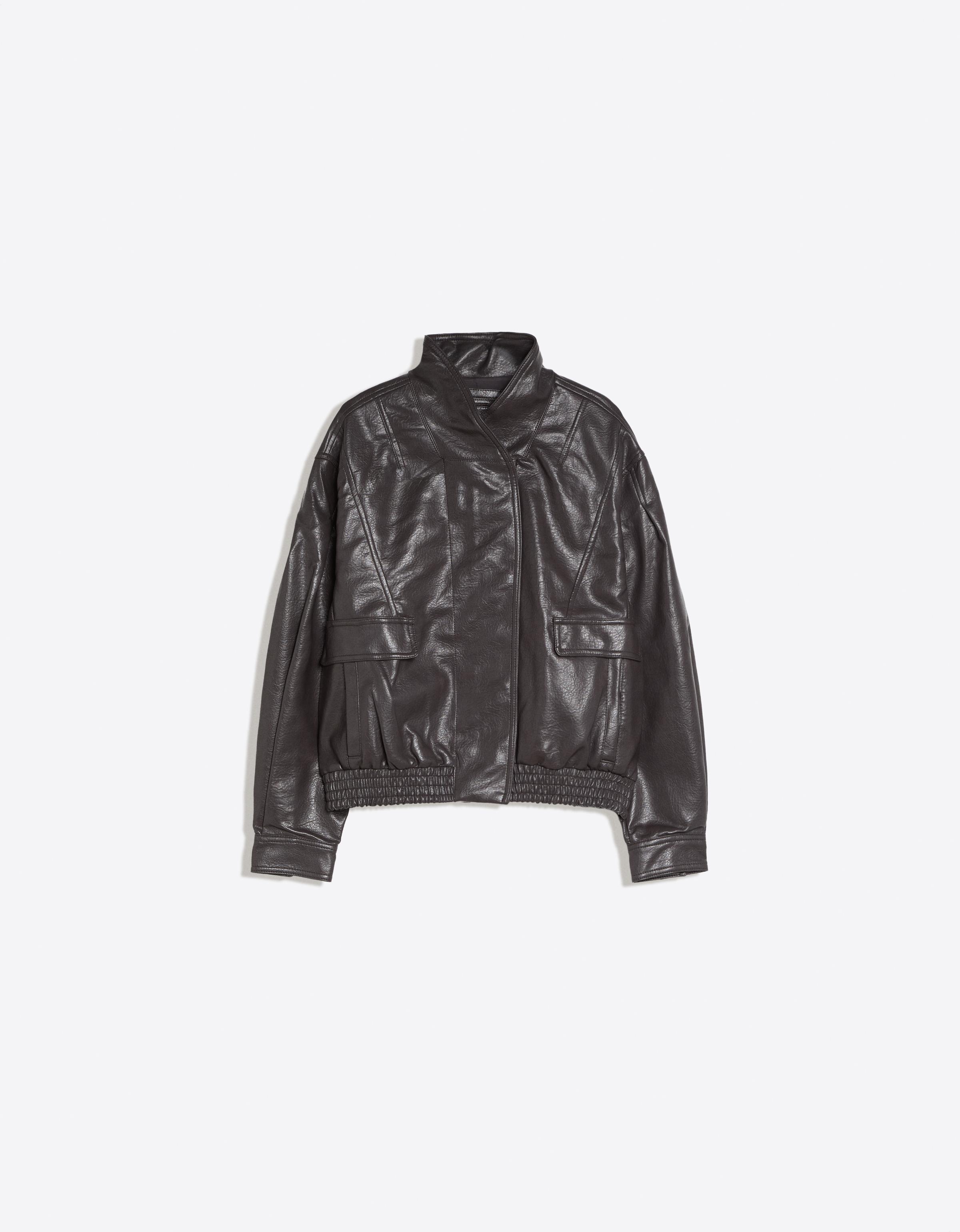 Oversize leather effect jacket with crossover collar — Grey