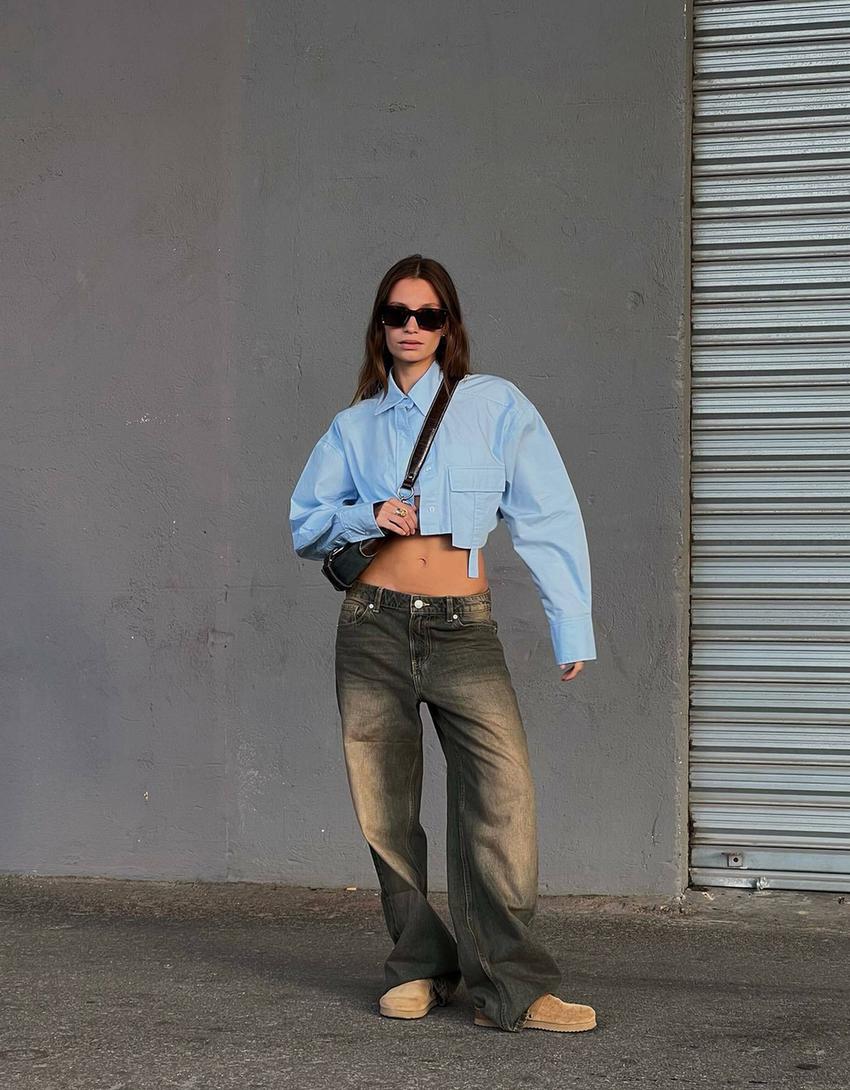 Long sleeve cropped poplin shirt with straps-Light blue