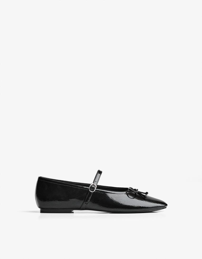 Ballet flats with bow and buckle-BLACK