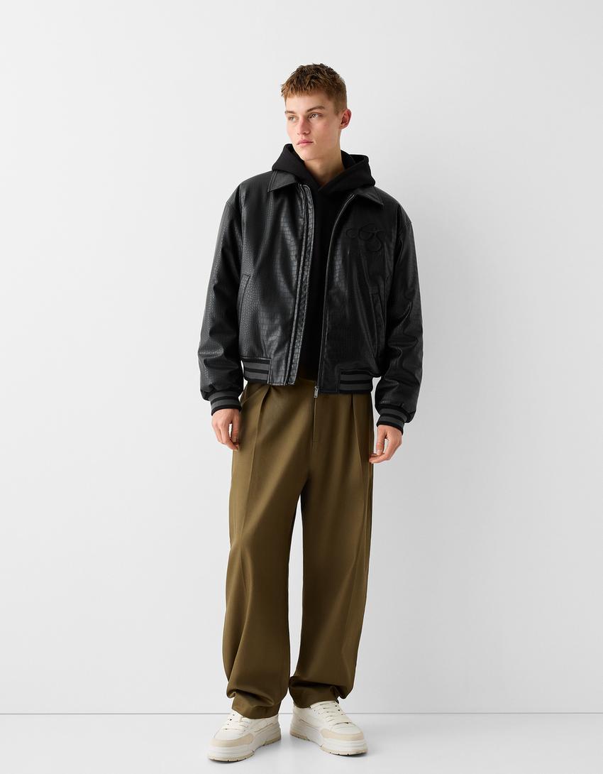 Blouson similicuir imprimé animal broderie-Noir-3