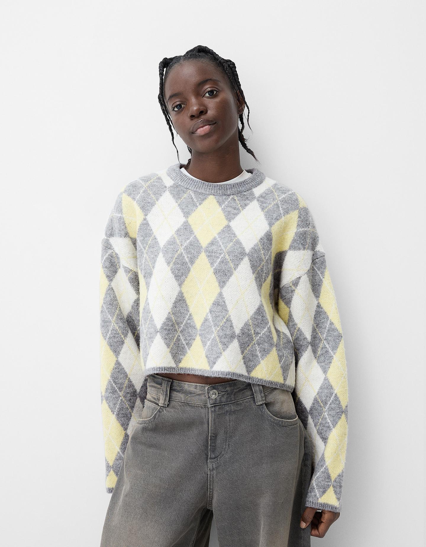 Bershka Jacquard-Pullover Mit Rautenmuster Damen S Gelb günstig online kaufen