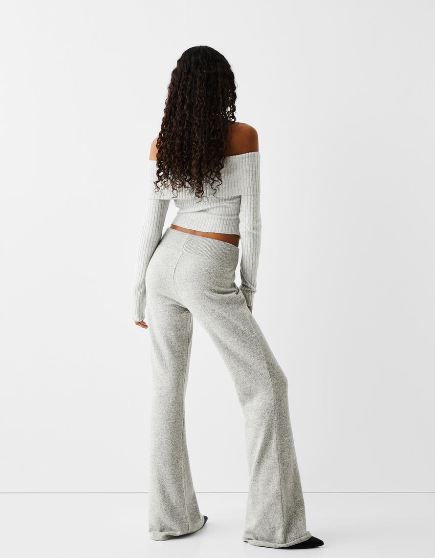 Calças de malha à boca de sino-Cinza-2