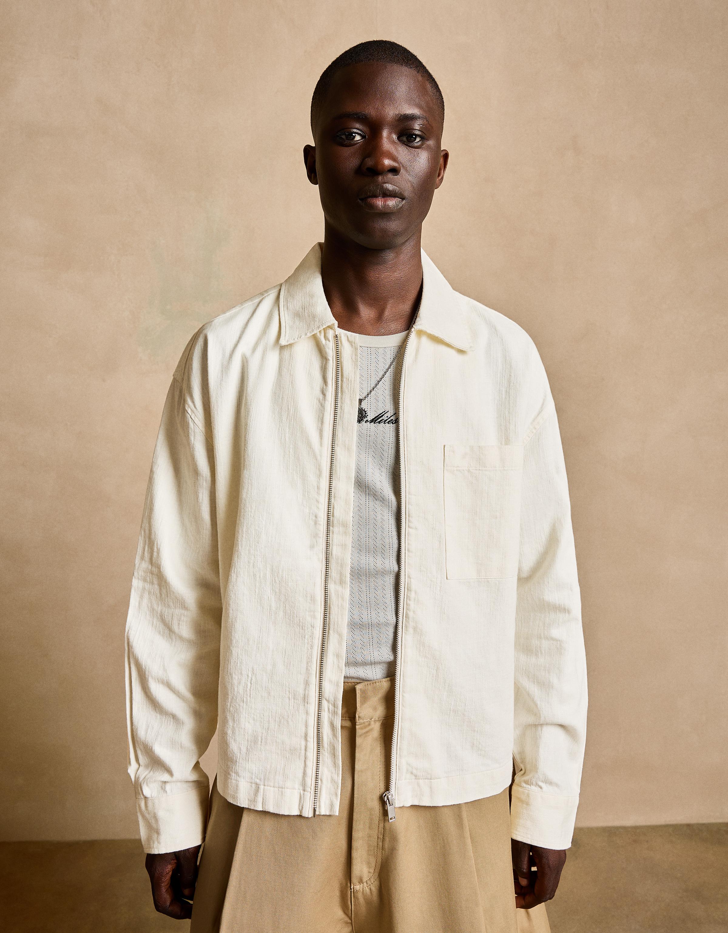 Bershka Sobrecamisa Cremallera Con Lino Hombre L Blanco