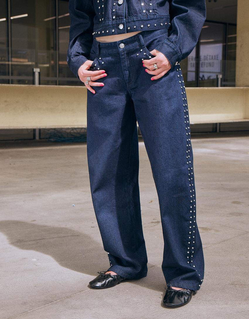 Baggy barrel jeans with studs-Navy-2