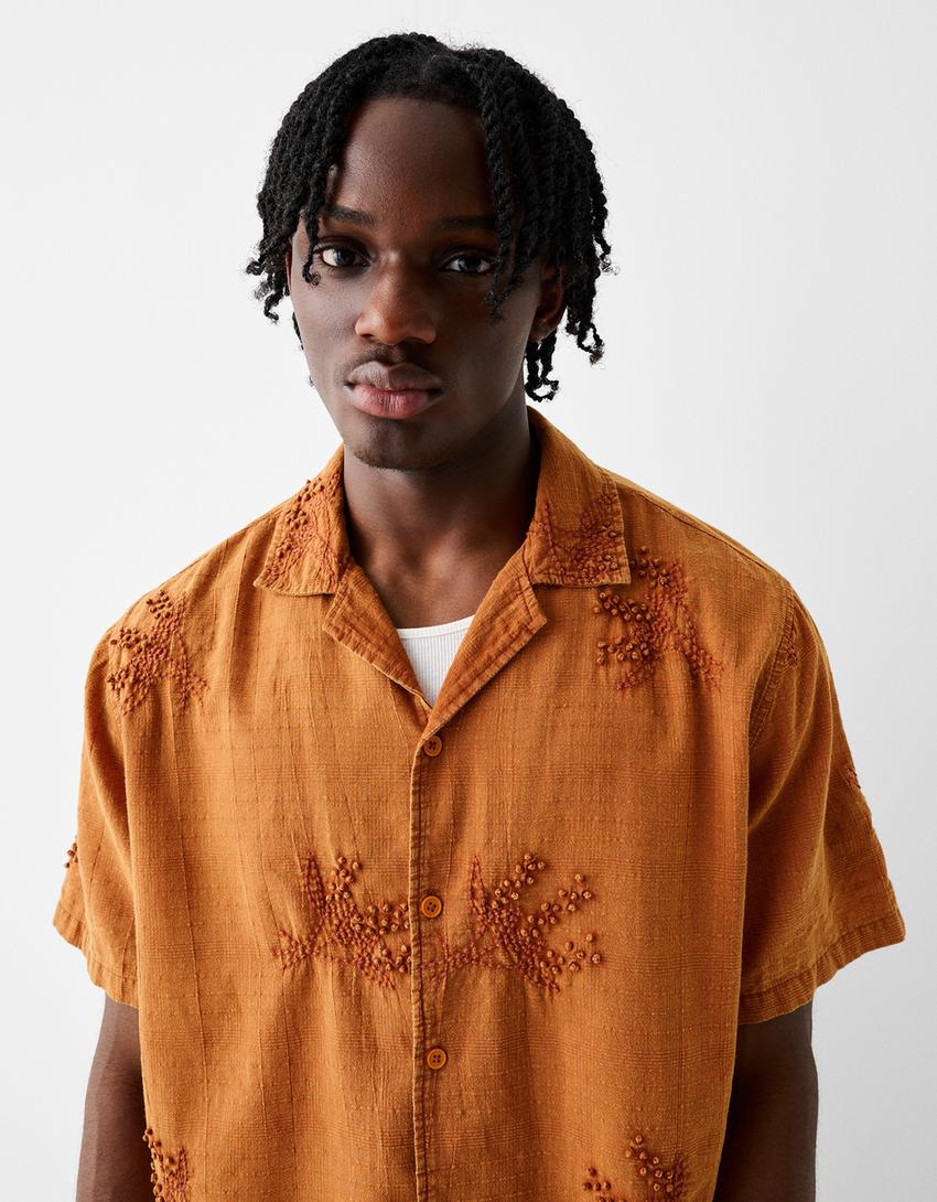 قميص ريفي بطبعة زهور وأكمام قصيرة-برتقالي-2