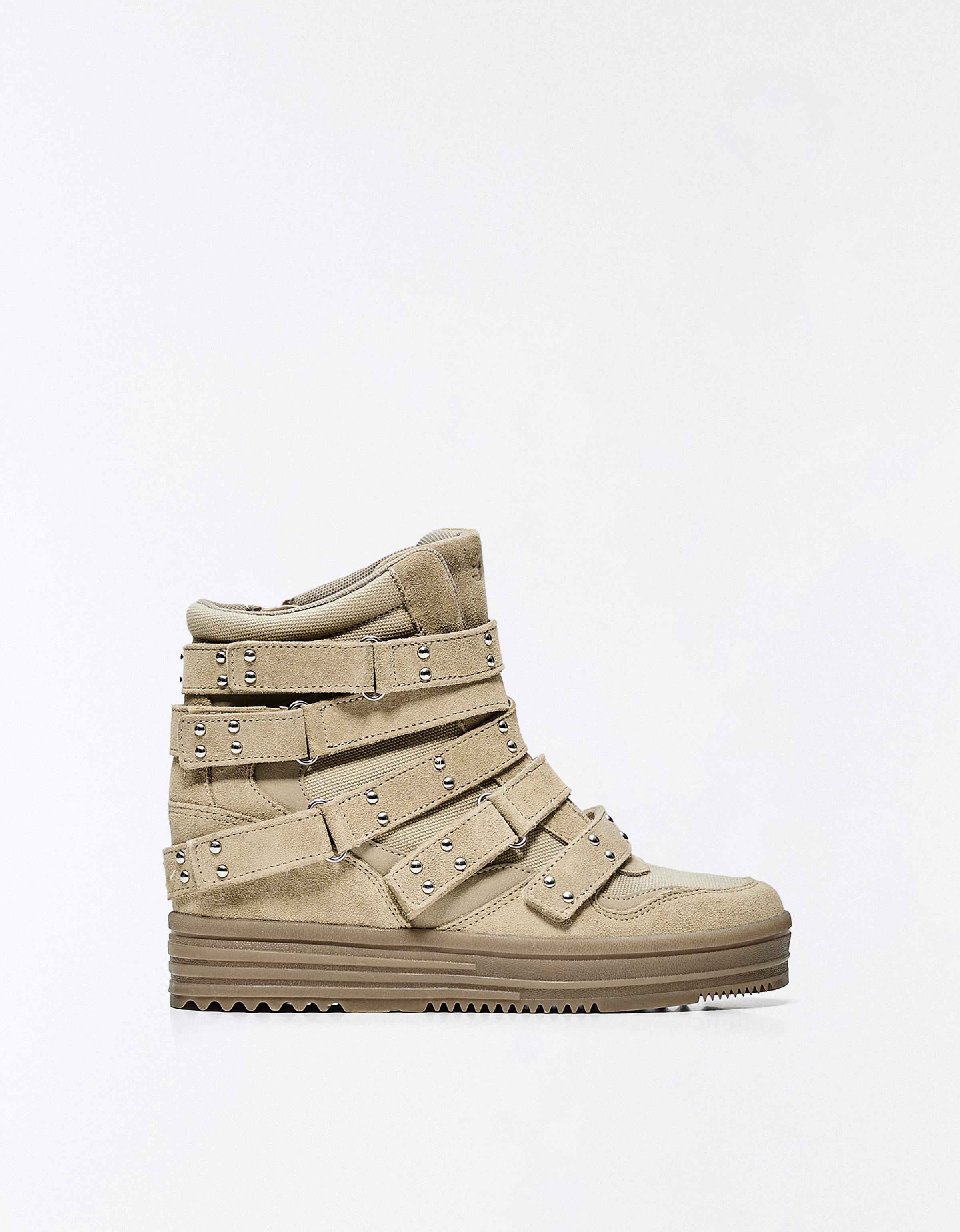 STUDDED HIGH-TOP TRAINERS — SAND