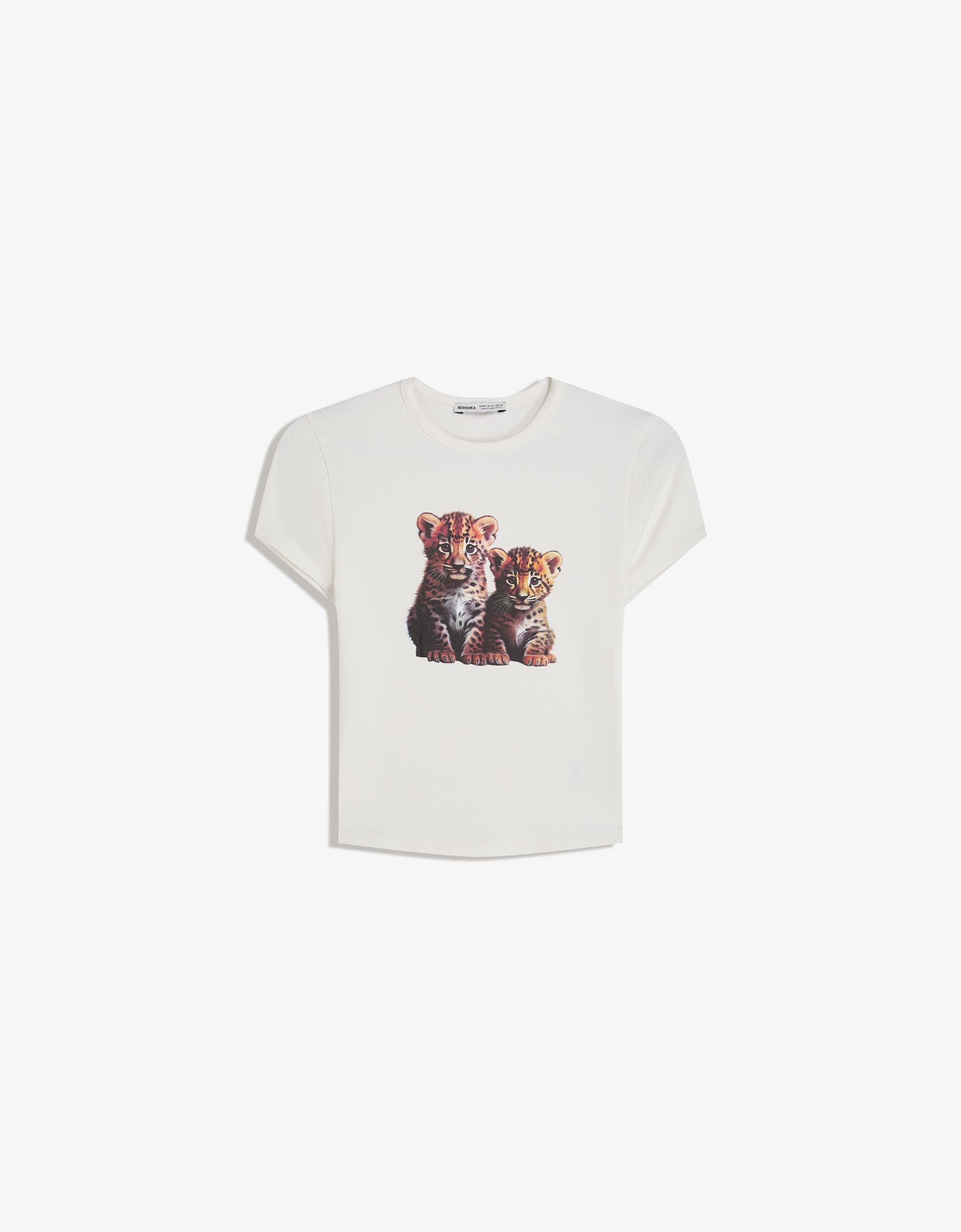 Bershka T-Shirt Mit Kurzen Ärmeln Und Print Damen S Rohweiß