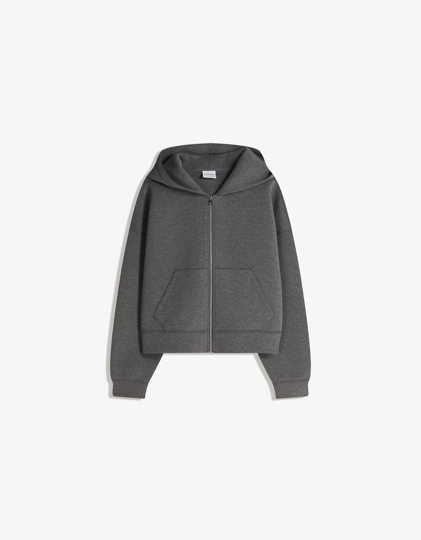 Fermuarlı oversize sentetik kauçuk kumaş sweatshirt-Gri