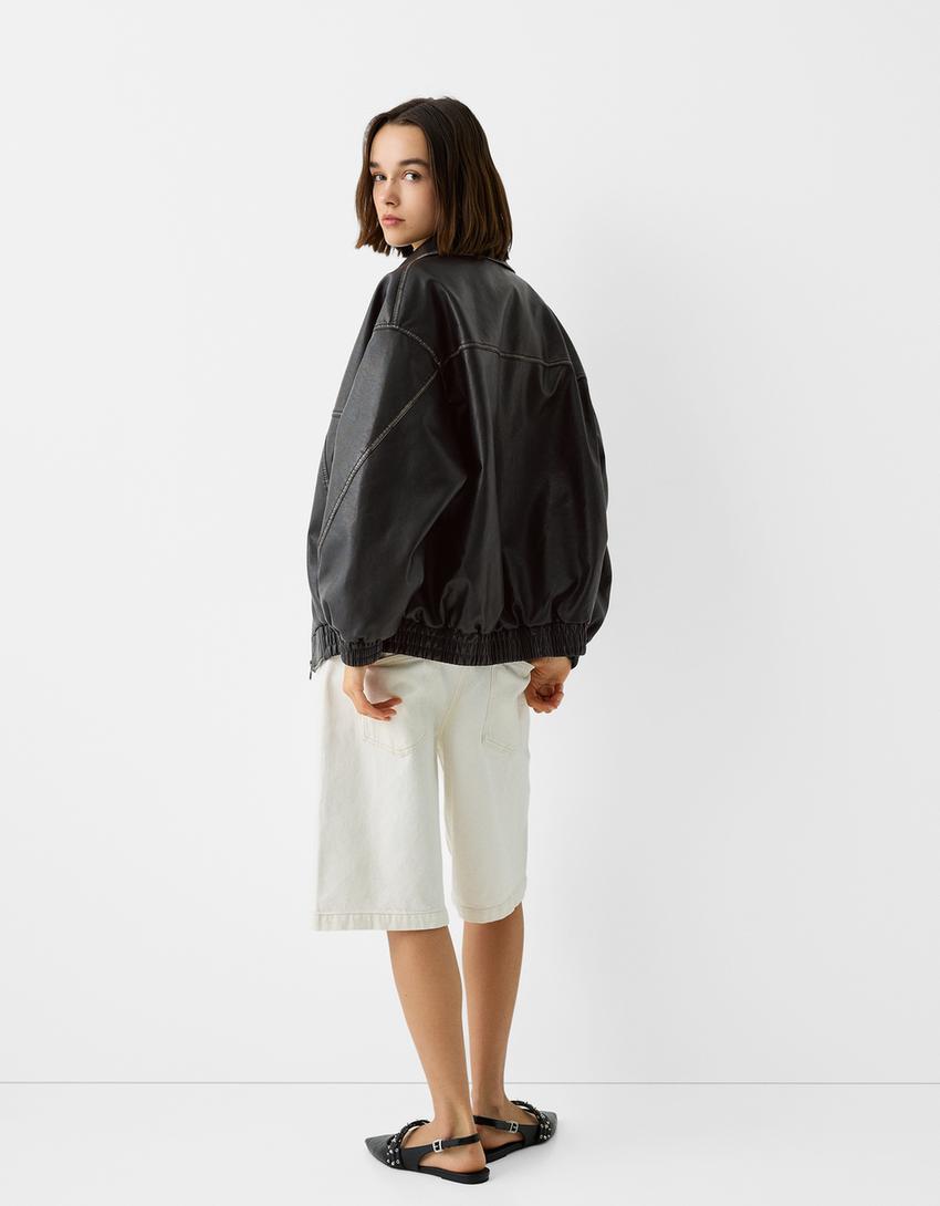 جاكيت داد فيت فضفاض من جلد صناعي معتق-أسود-1