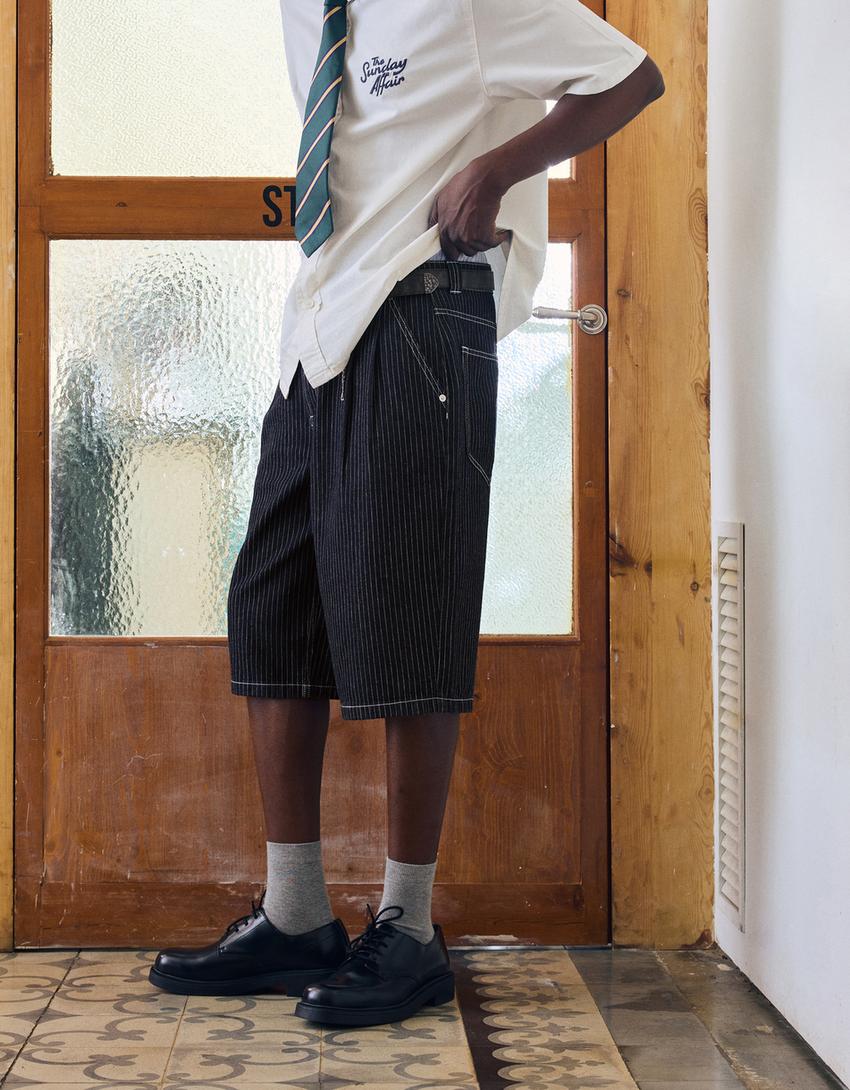 Denim Bermuda shorts with darts-Navy