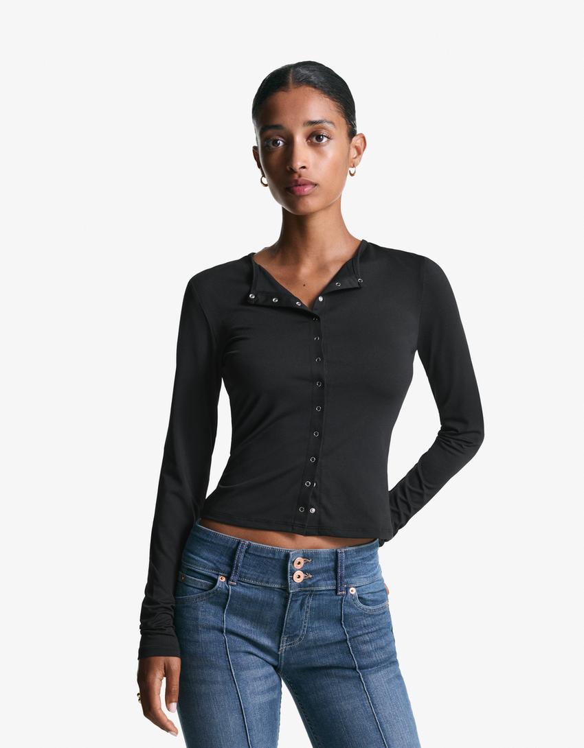 Langarmshirt mit Knöpfen-Schwarz