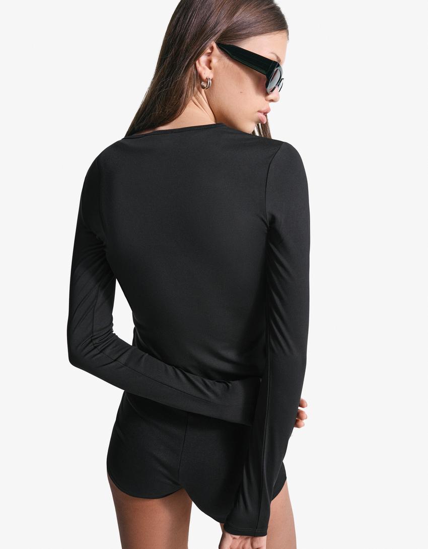 Long sleeve T-shirt with buttons-Black-1