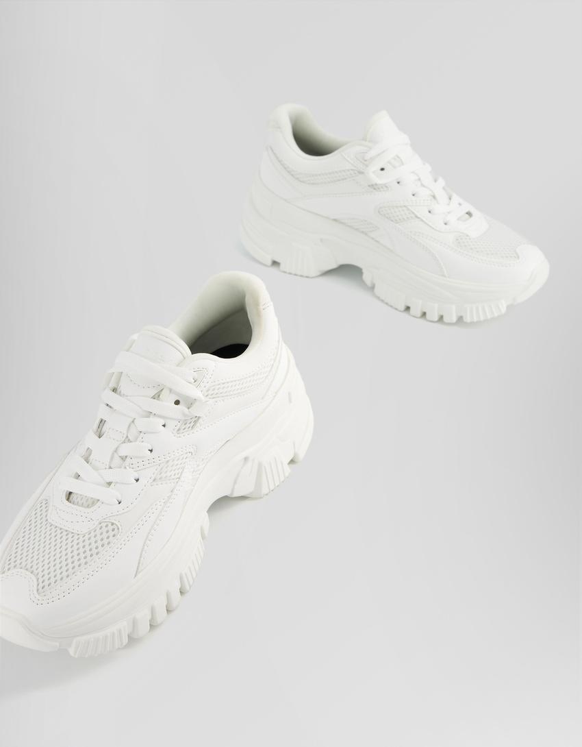 Chunky trainers with contrast mesh detail-WHITE