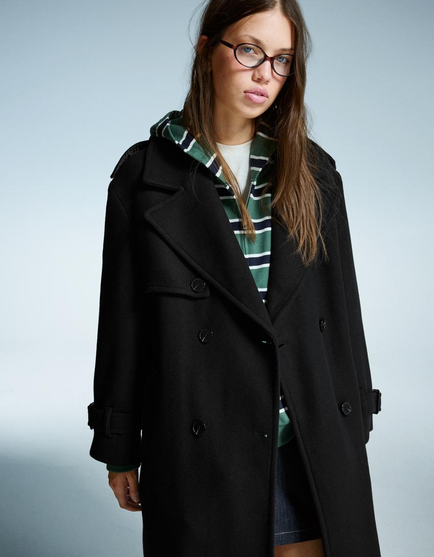Oversize felt texture trench coat-Preto