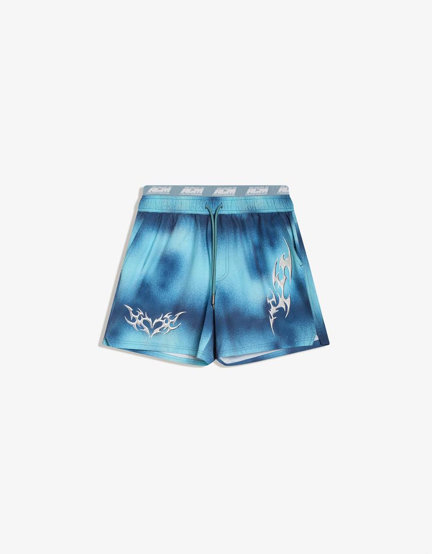Printed boxy fit swimming trunks-Dark blue