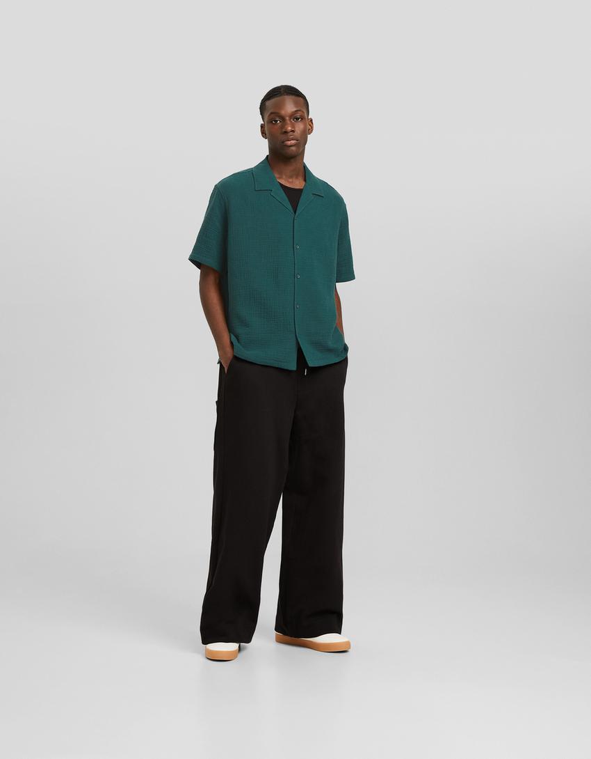 Chemise manches courtes loose fit texturée-Vert-3