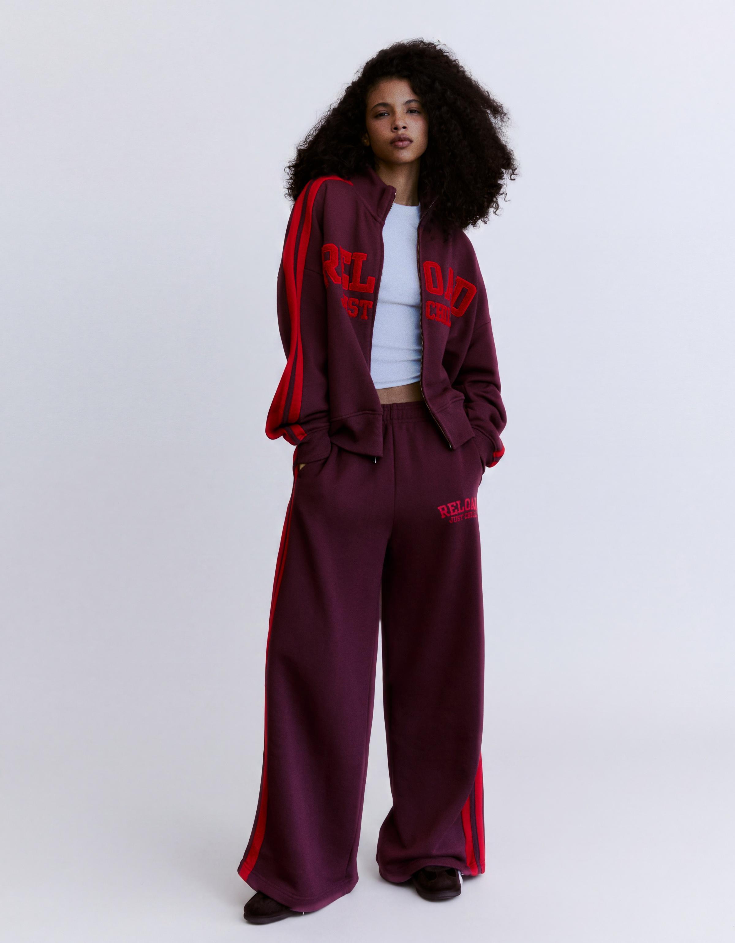 Wide-leg embroidered plush trousers — Burgundy