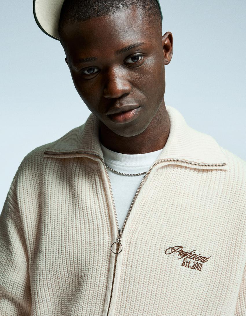 Veste zippée brodée-Blanc cassé