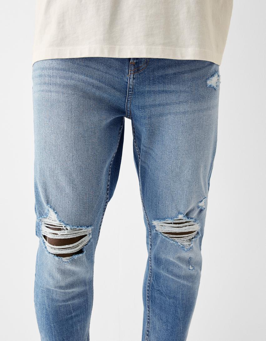 Jeans carrot fit rasgões-Azul lavado-3