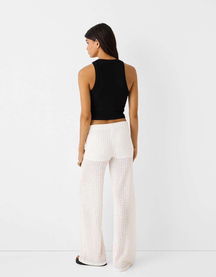 Textured rustic wide-leg trousers-Off white-2