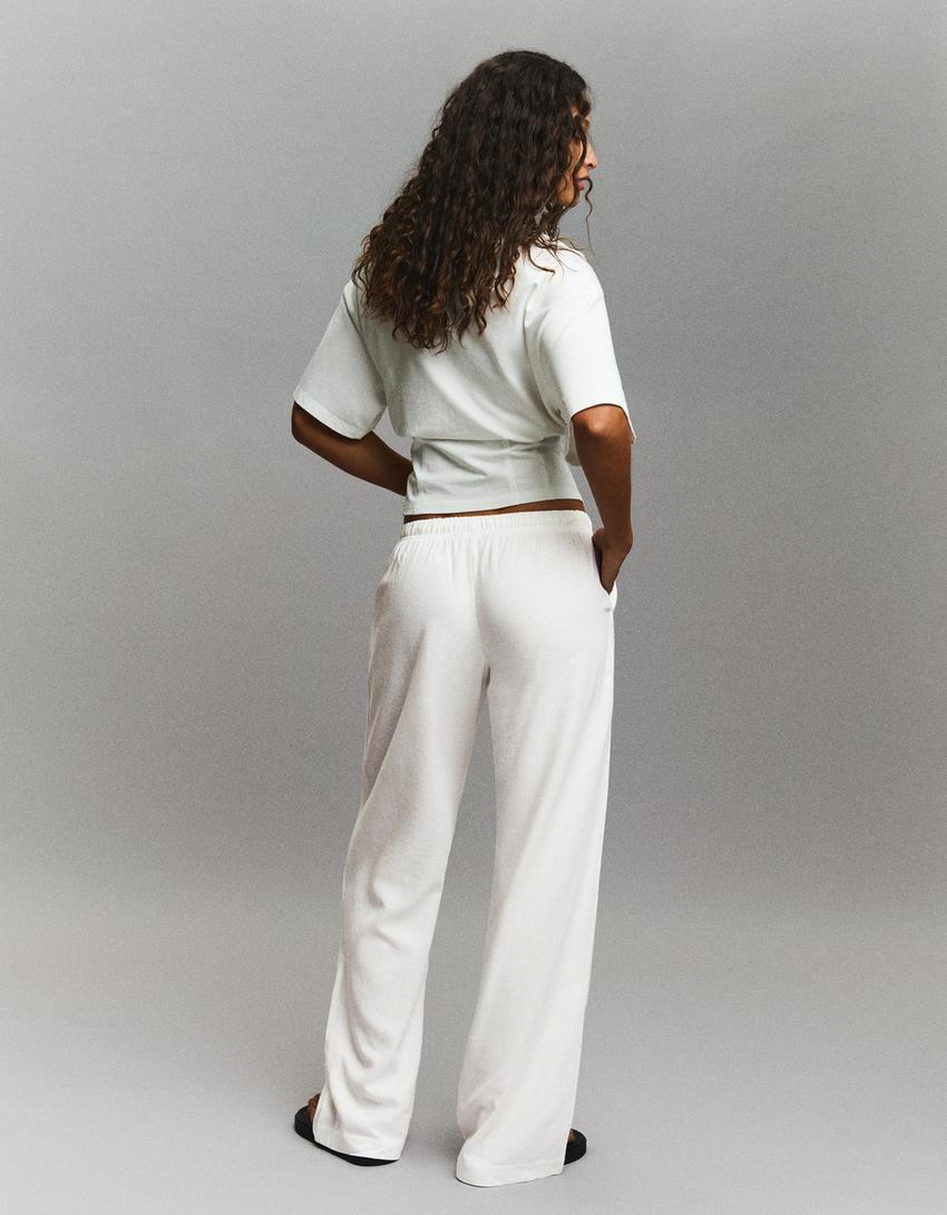 Linen blend trousers with an elasticated waistband-Off white