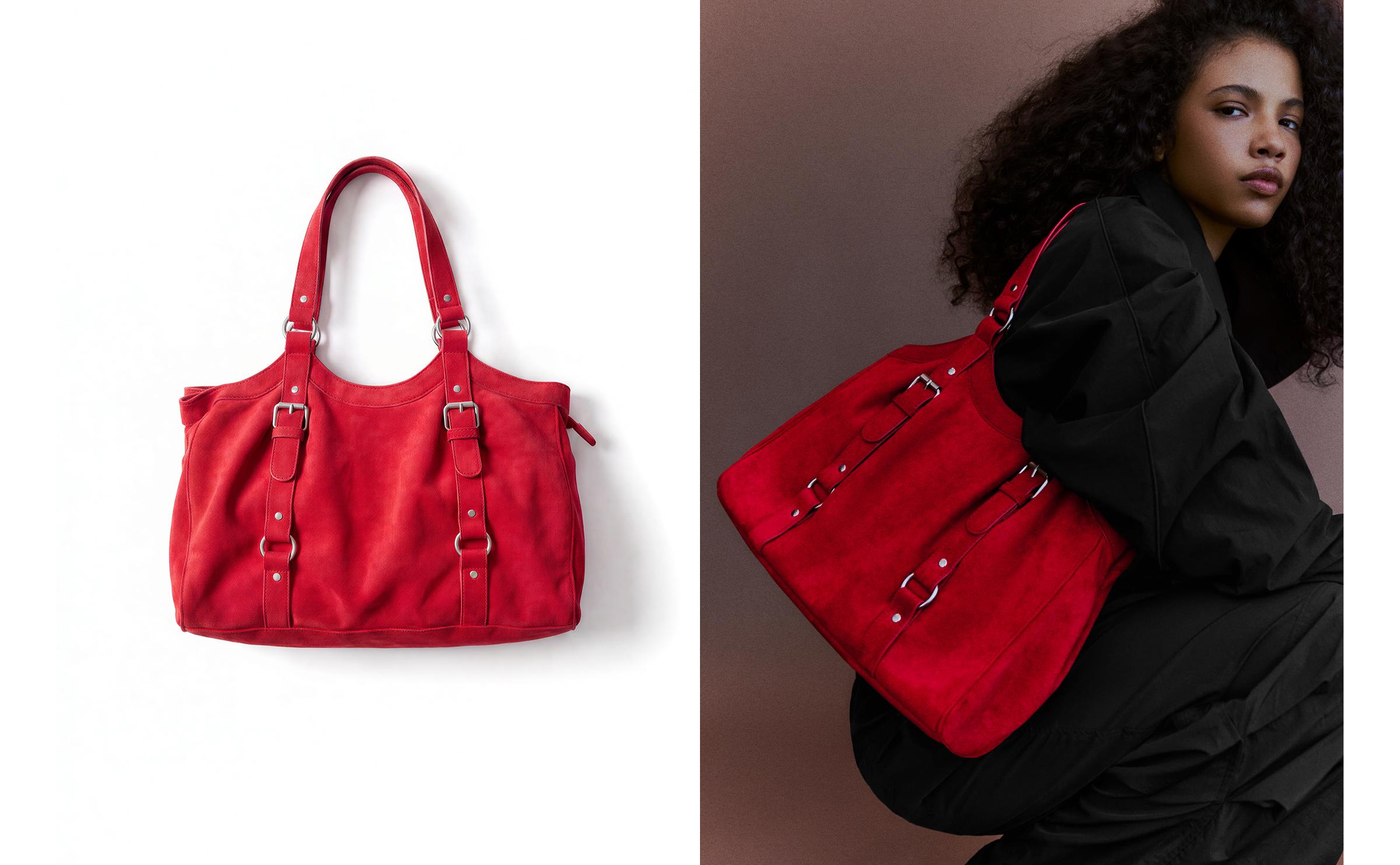 Faux suede buckle bag — Red