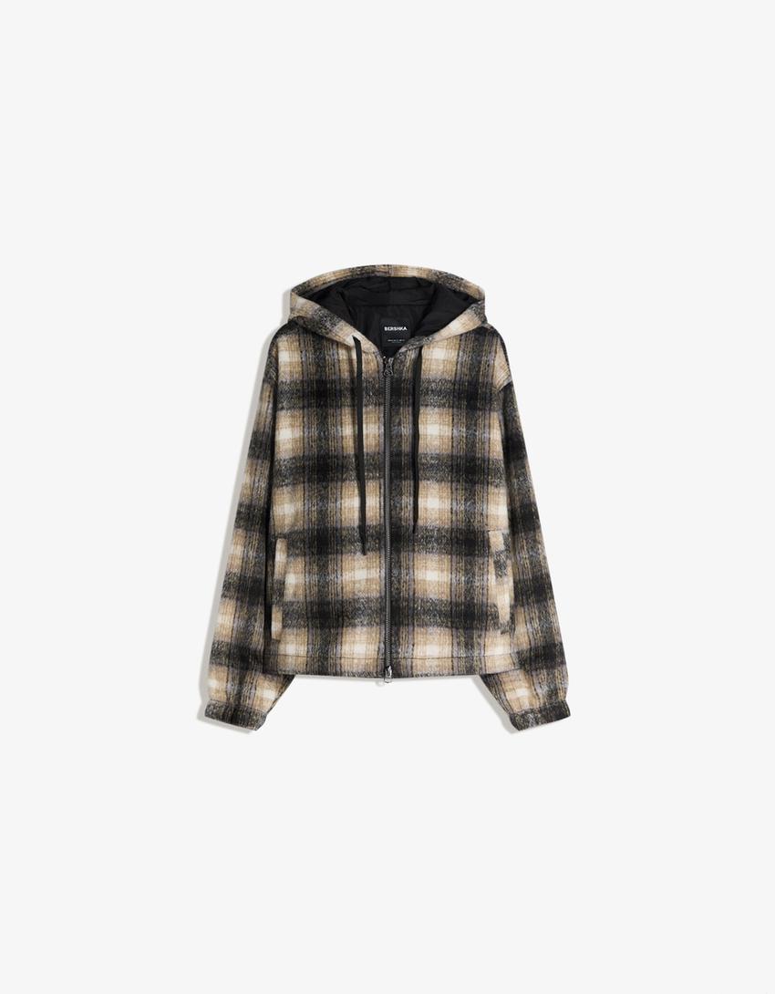 Giubbotto Boxy fit a quadri con cappuccio-Nero