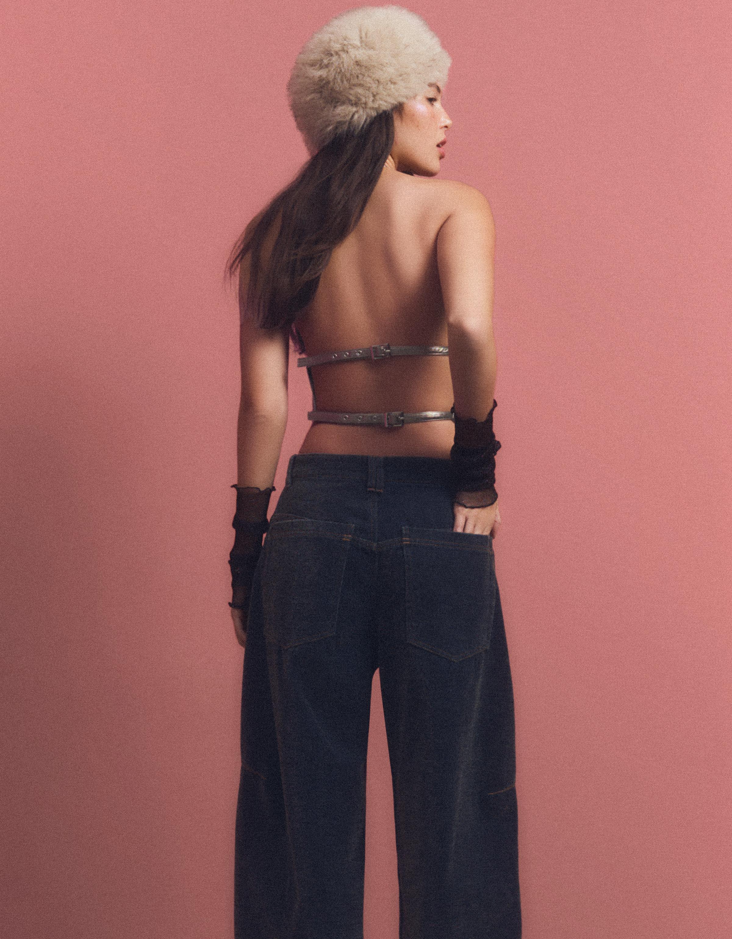 Bershka Neckholder-Top Aus Kunstleder Damen S Silber