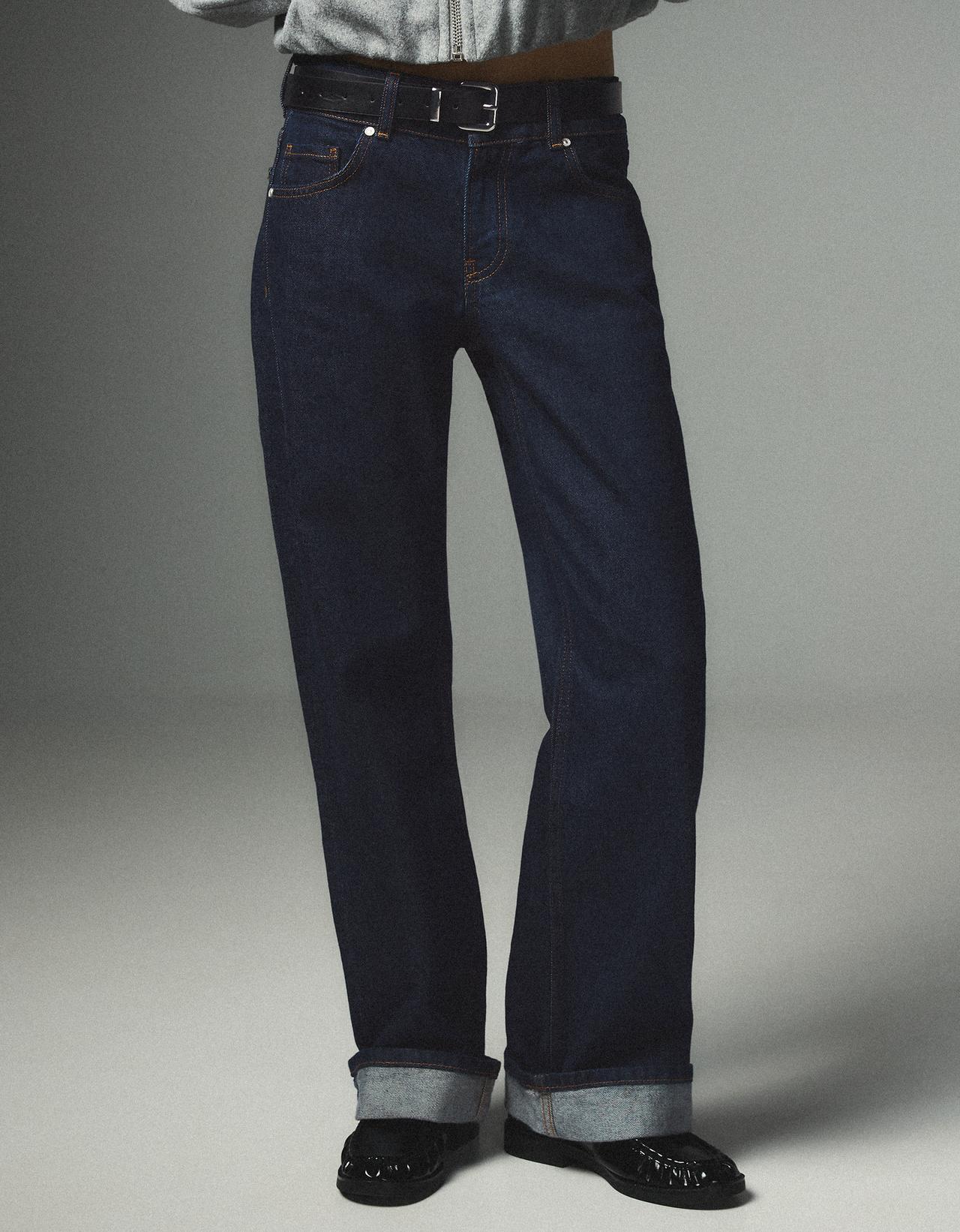 Mid-waist straight-leg turn-up jeans — Navy