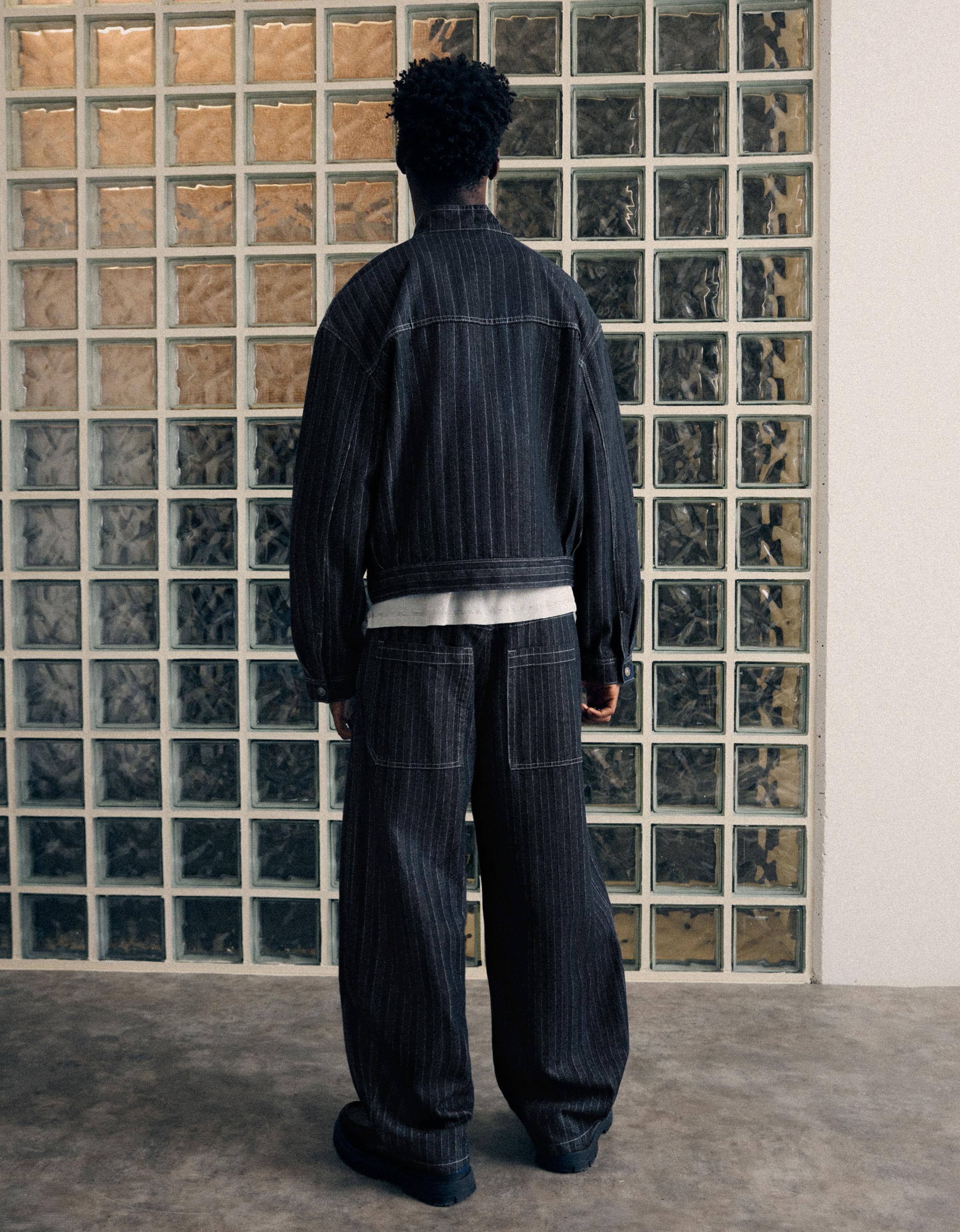 Pinstripe texture baggy jeans — Navy