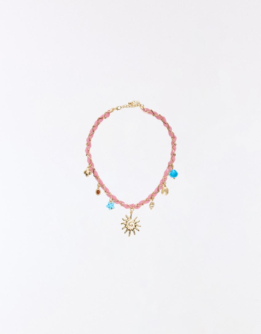 Braided rope necklace with charms-Pink