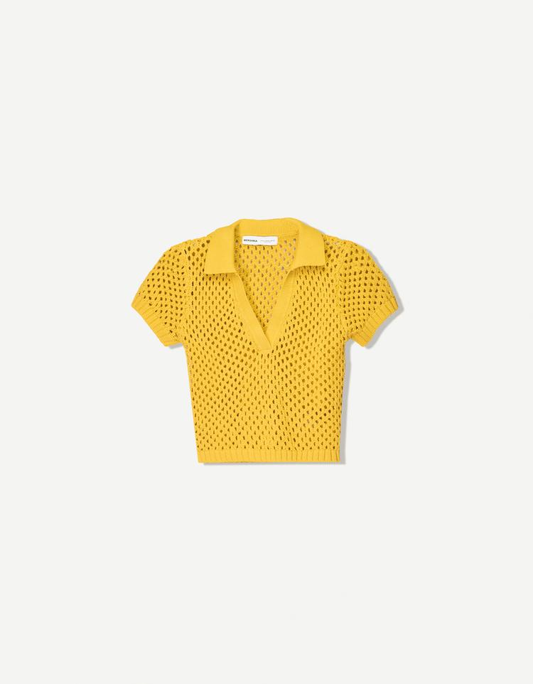 Short sleeve mesh polo collar sweater