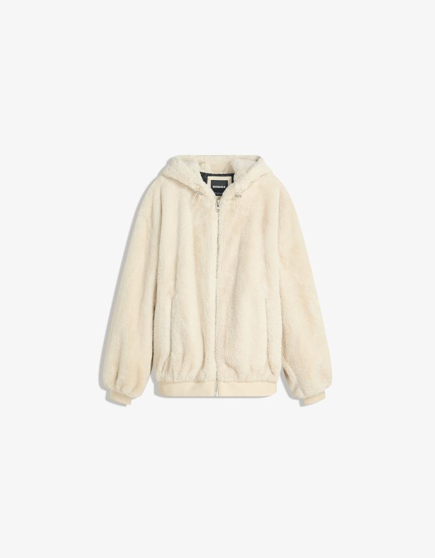 Hooded faux fur jacket-Cream