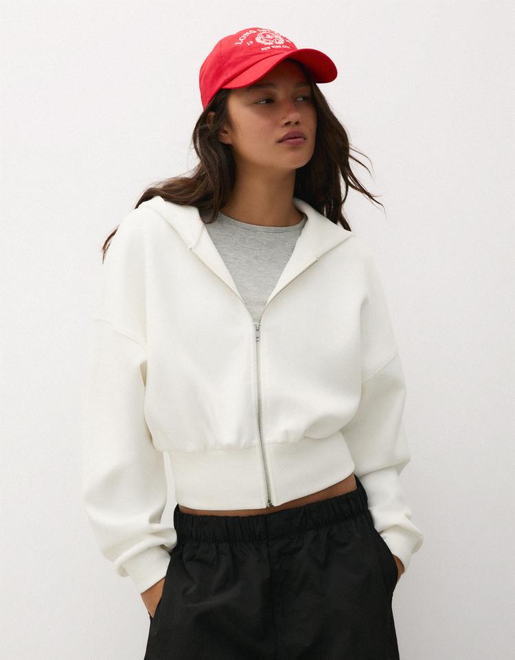 Zip-up hooded sweatshirt with sash — Cream