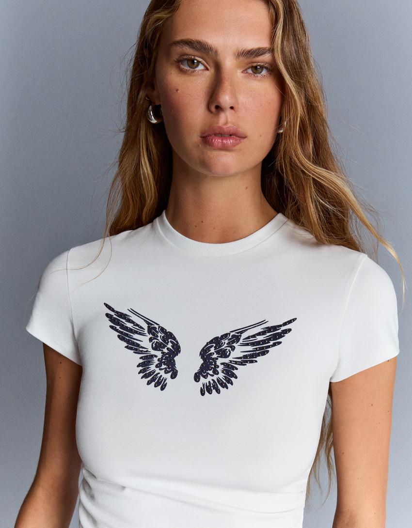 Short sleeve studded print T-shirt-Off white-1