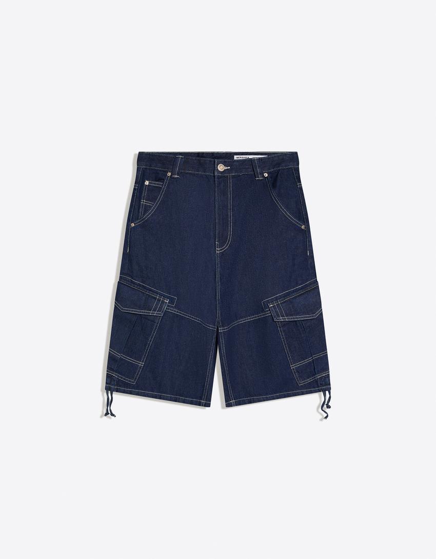 Denim parachute cargo Bermuda shorts-Navy