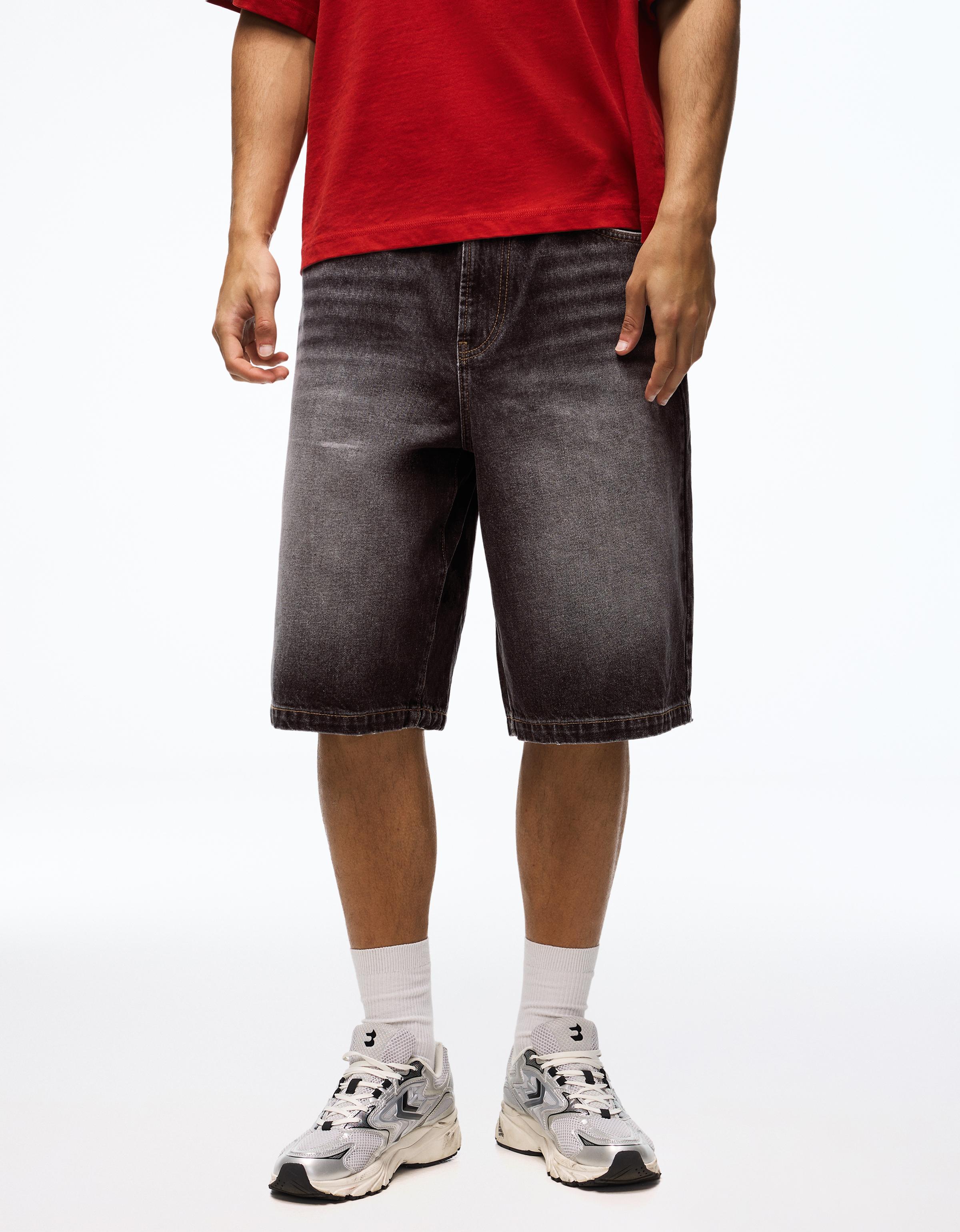 Embroidered denim Bermuda shorts — Black