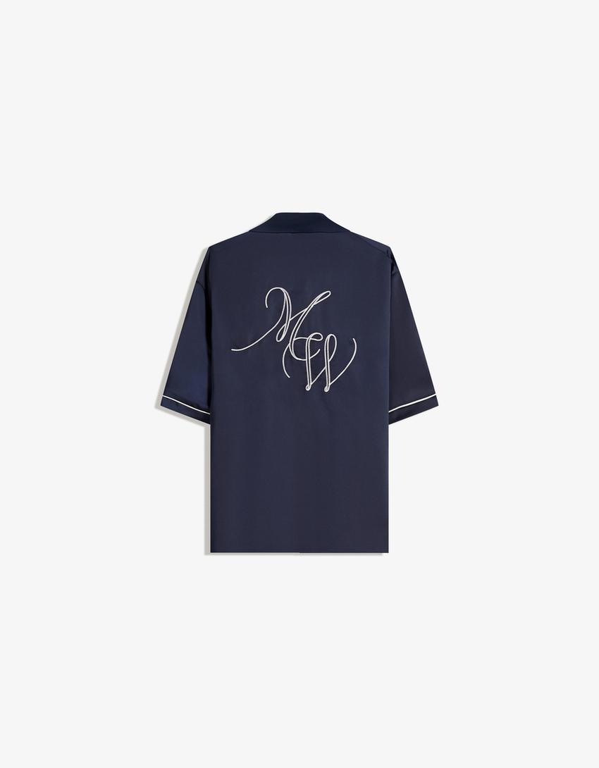 Cropped satijnen overhemd met korte mouw-Marineblau